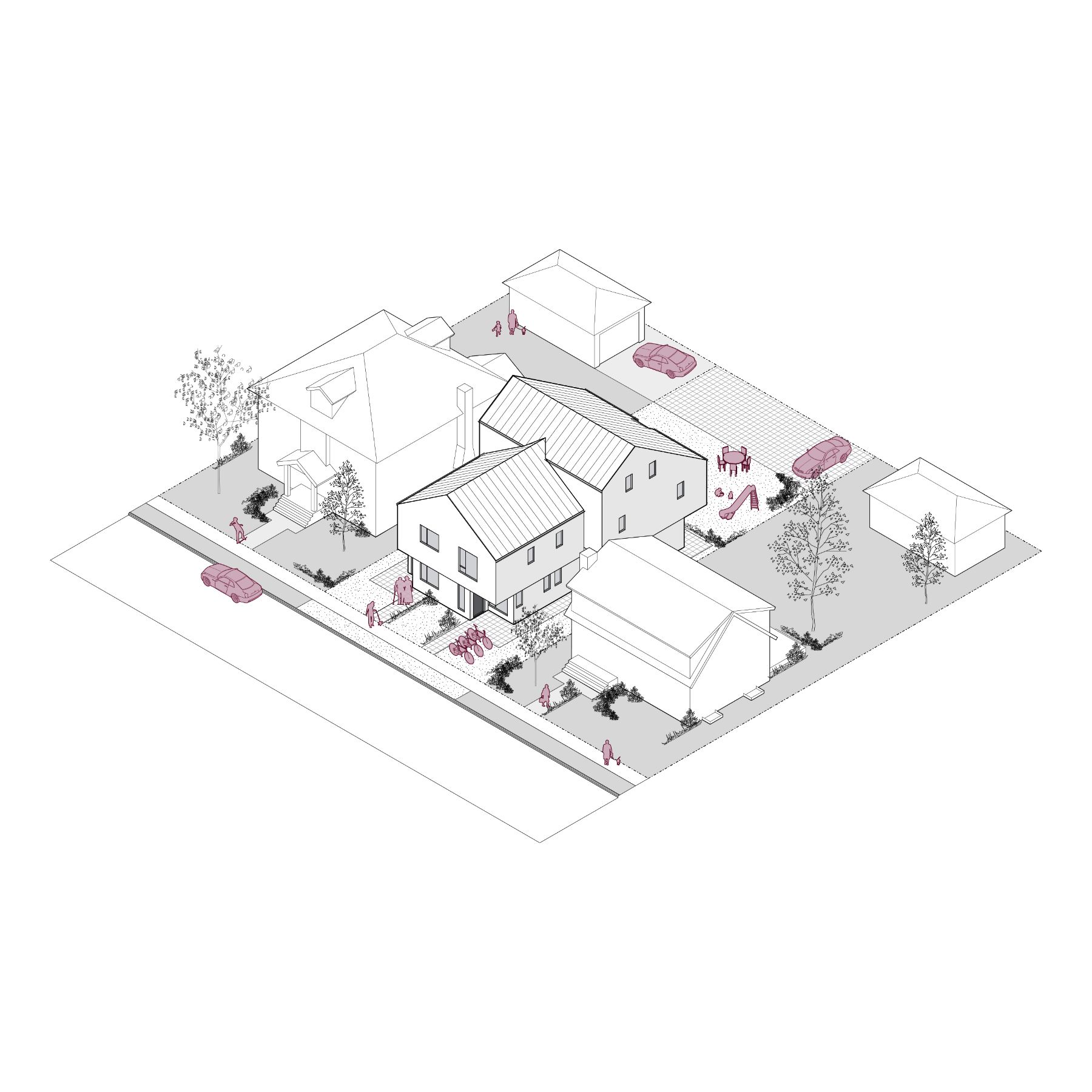 A 3D line rendering of Fourplex 02, covering 2,033 square feet. The image depicts the three-storey structure as part of a suburban neighbourhood, highlighting its four independent units with separate entrances and modern living spaces.